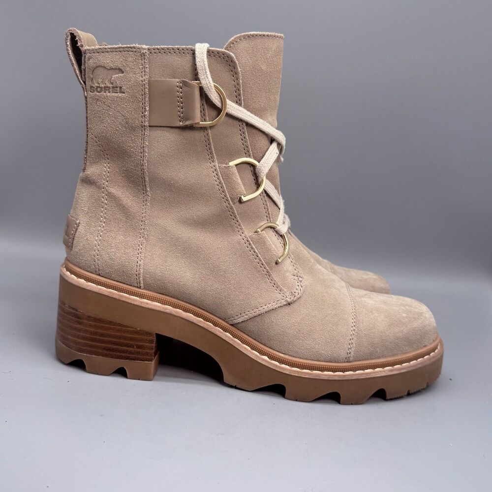 Sorel Joan Now Women's 9.5 Tan Leather Waterproof Block Heel Lace-Up Boots
